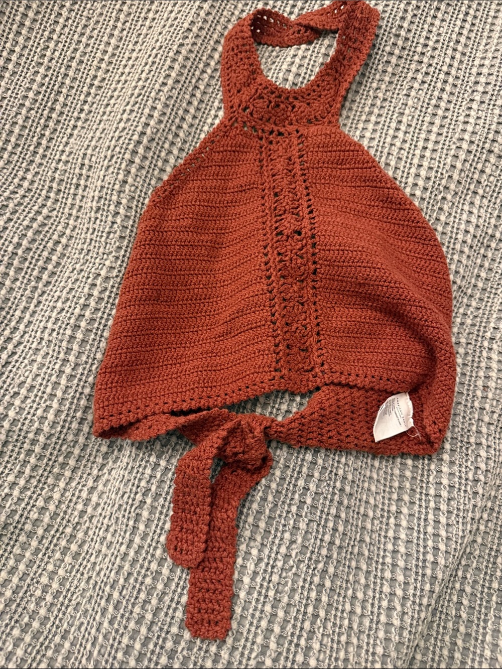 Crochet Halter Top in Rust Orange - Tie Back AE button closure neck